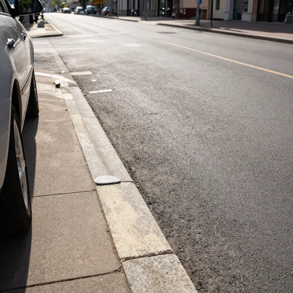 Aparcamiento urbano vacío con el espejo de un coche y una marca limpia en el asfalto.