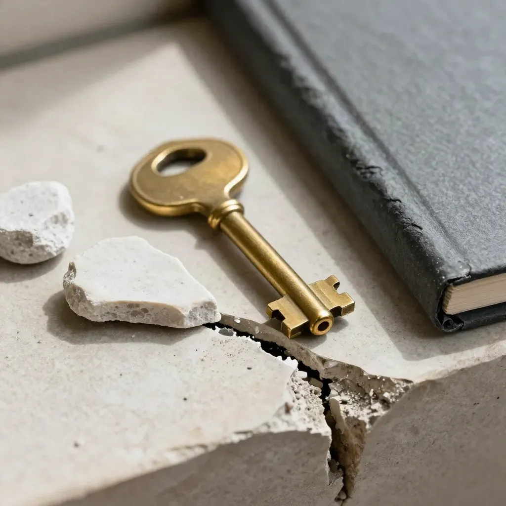Llave de casa, azulejo roto, muestra de piedra y carpeta legal cerrada sobre piedra reparada.