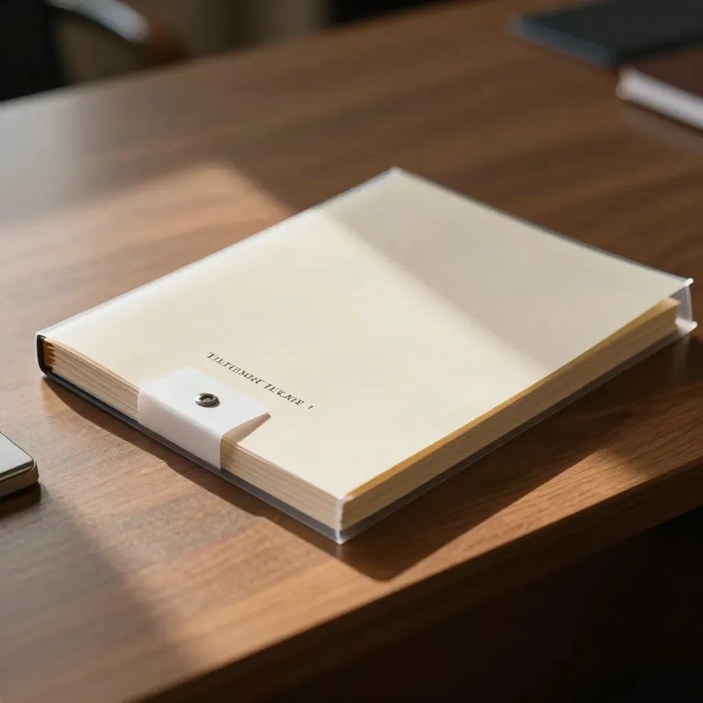 Dossier legal en funda protectora sobre madera, con luz dramática y pestaña blanca.