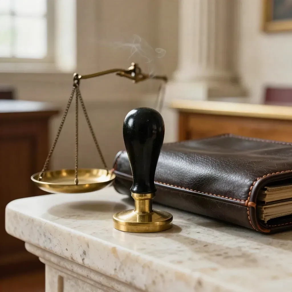Escalas de justicia, sello de lacre y estuche de cuero sobre travertino.