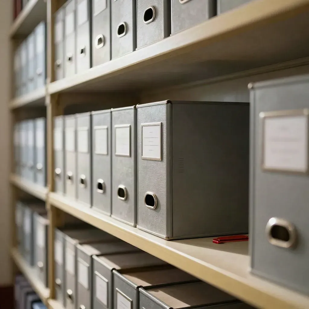 Estantería de archivo judicial con caja cerrada y clip rojo retirado, luz suave lateral.