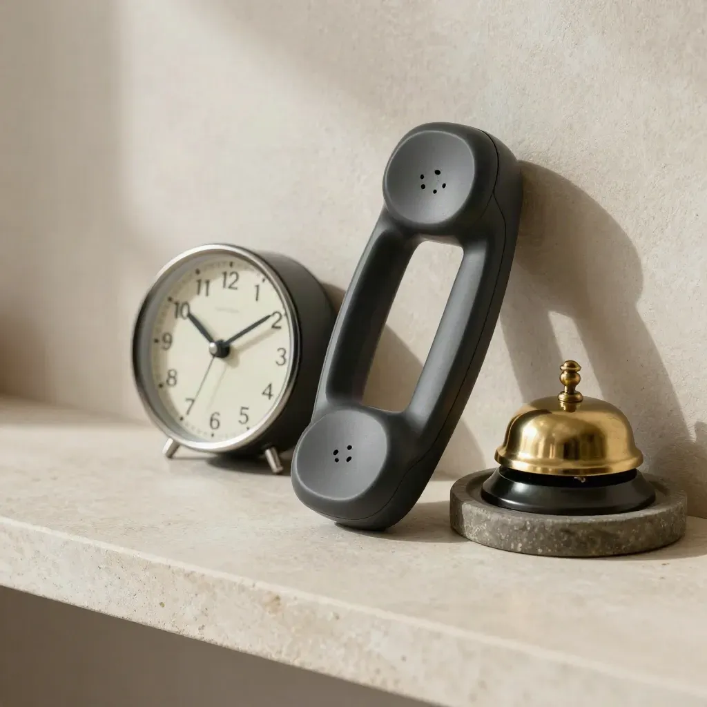 Teléfono oscuro, reloj analógico y campana de latón sobre piedra, luz suave lateral.