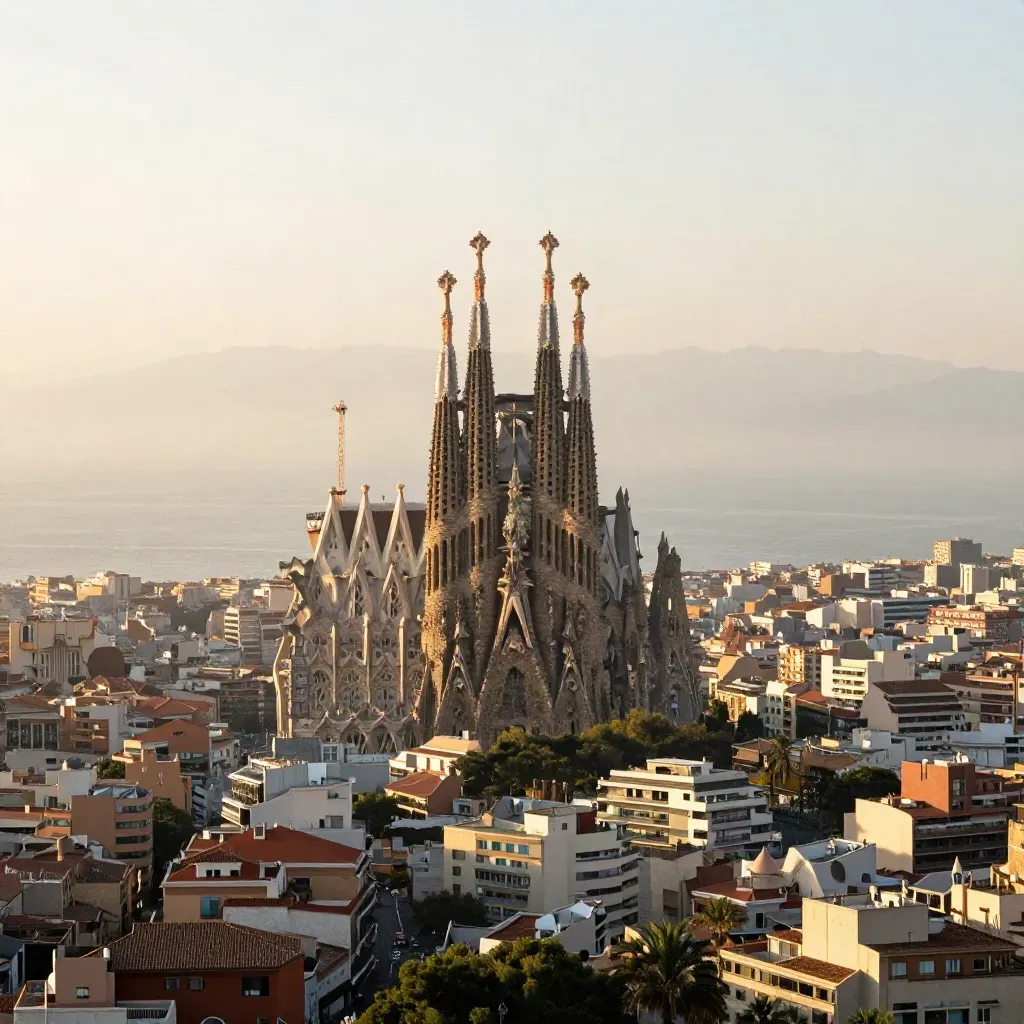 Barcelona desde Montjuïc, con la Sagrada Família sobre el Eixample y bruma marina al atardecer.