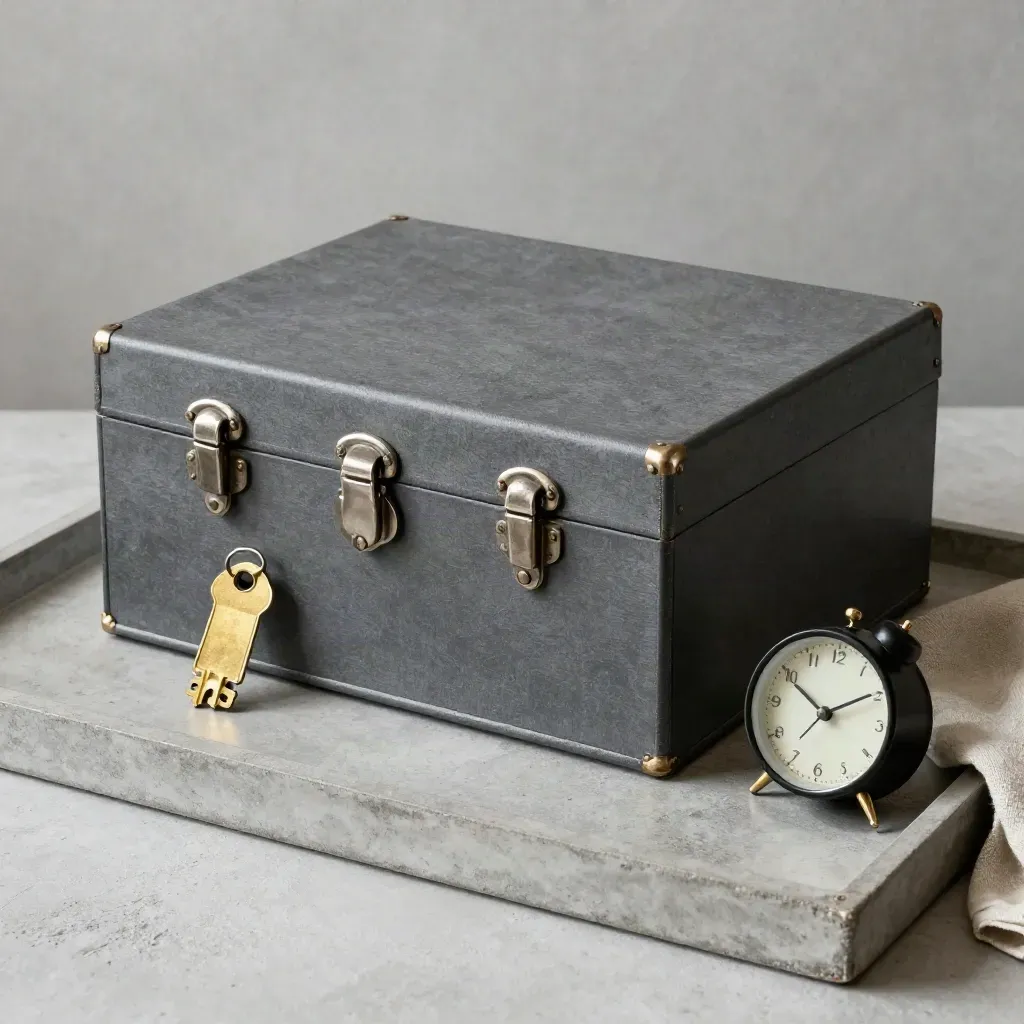 Caja de archivo legal cerrada, llave devuelta y reloj sobre una bandeja de piedra.